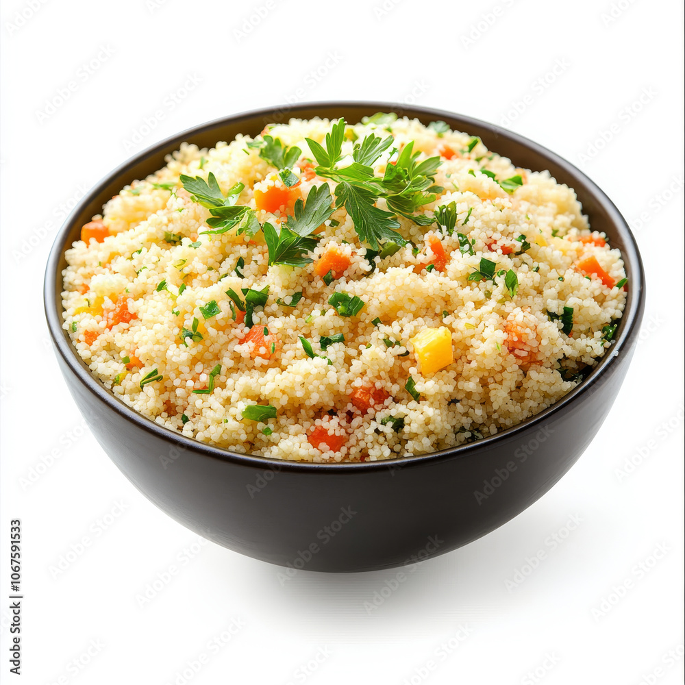 A bowl of couscous with herbs and vegetables, isolated on a white background, highlighting a nutritious side dish A bowl of couscous with herbs and vegetables, isolated on a white background, highlighting a nutritious side dish
