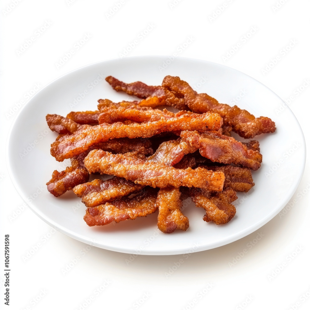 A plate of crispy bacon strips, isolated on a white background, showcasing a savory breakfast option A plate of crispy bacon strips, isolated on a white background, showcasing a savory breakfast option
