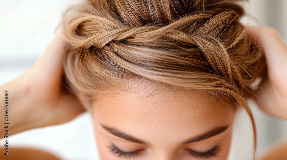 A close-up front view captures an elegant twisted hair bun with detailed braids on top, showcasing a sophisticated blend of traditional and modern hairstyling elements. A close-up front view captures an elegant twisted hair bun with detailed braids on top, showcasing a sophisticated blend of traditional and modern hairstyling elements.