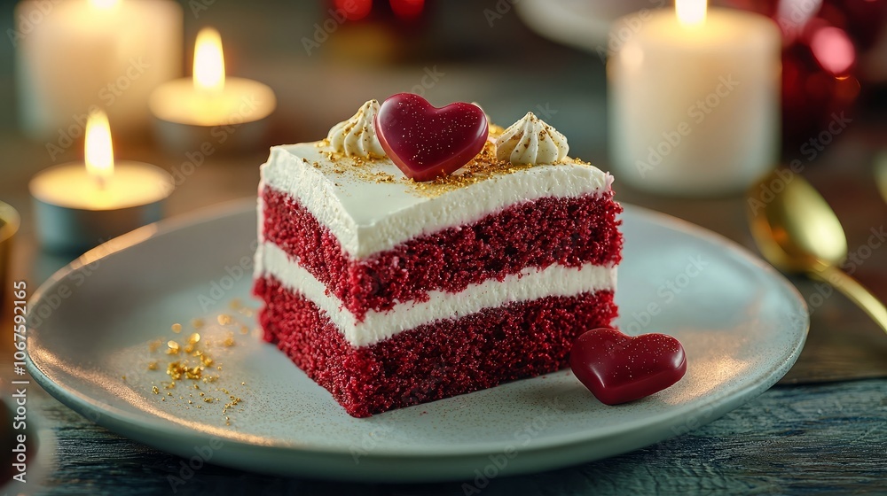 A slice of red velvet cake with cream cheese frosting, decorated with a heart-shaped chocolate and gold flakes. The cake is set on a plate with candles in the background.