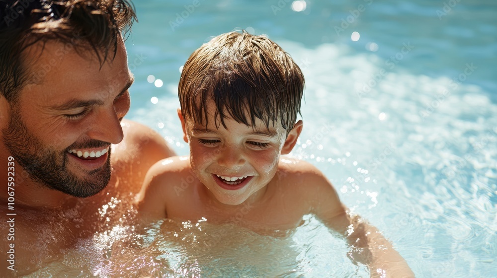 A joyful moment with a father and son enjoying warm sunshine and laughter while swimming together in a bright, turquoise pool, capturing a perfect summer day. A joyful moment with a father and son enjoying warm sunshine and laughter while swimming together in a bright, turquoise pool, capturing a perfect summer day.