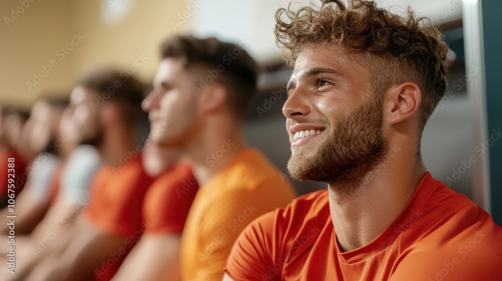 An athlete exudes confidence and optimism with a bright smile, sitting in a locker room bathed in warm light, ready to take on challenges head-on. An athlete exudes confidence and optimism with a bright smile, sitting in a locker room bathed in warm light, ready to take on challenges head-on.