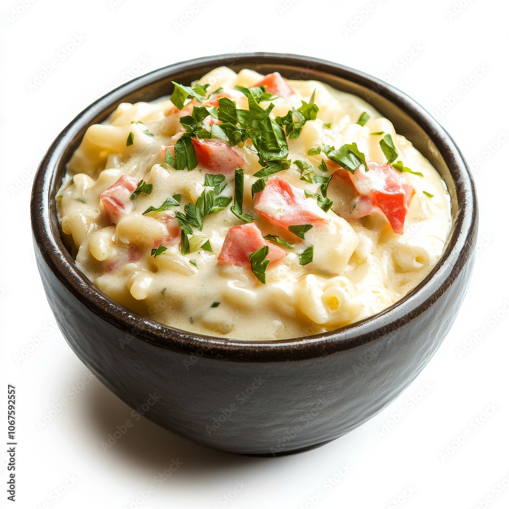A bowl of creamy macaroni and cheese, isolated on a white background, highlighting a comforting side dish