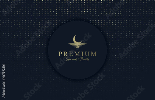 Round luxury background with shiny golden dots glitter pattern. Elegant dark minimalist design. Place for logo or text.