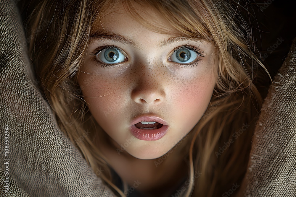 Surprised young girl with freckles and blue eyes wrapped in blanket close-up