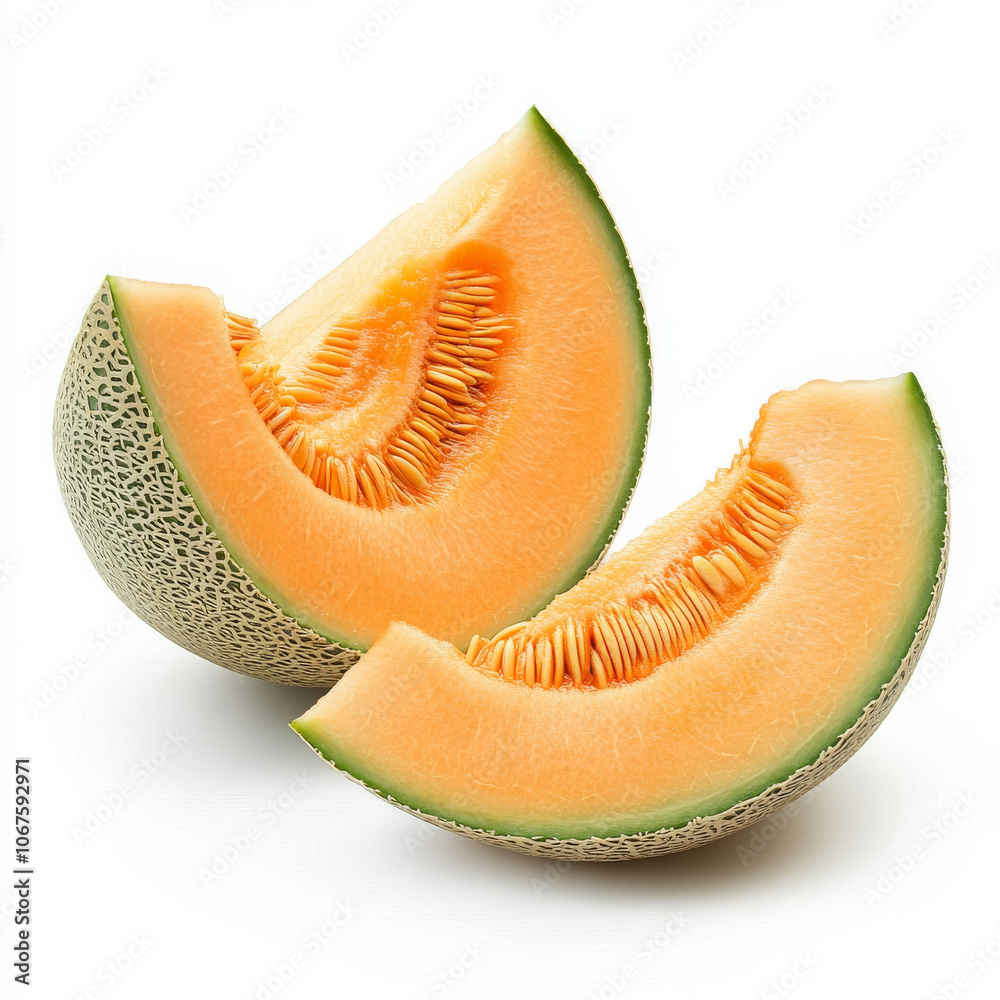 A ripe cantaloupe melon sliced open, isolated on a white background, highlighting a juicy summer fruit A ripe cantaloupe melon sliced open, isolated on a white background, highlighting a juicy summer fruit