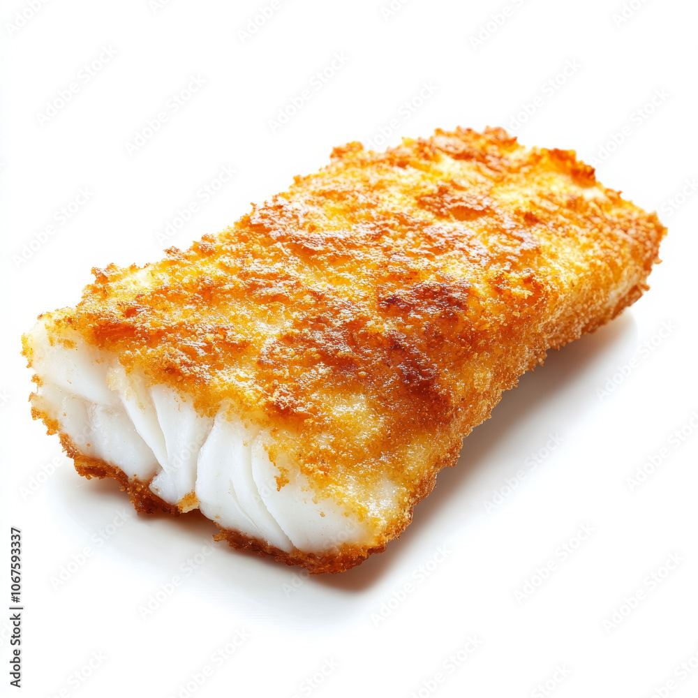 A single breaded fish fillet with a golden crust, isolated on a white background, highlighting a crispy seafood option