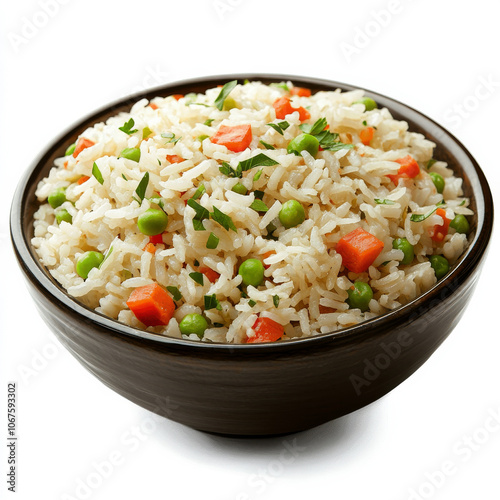 A bowl of rice pilaf with vegetables, isolated on a white background, showcasing a flavorful side photo