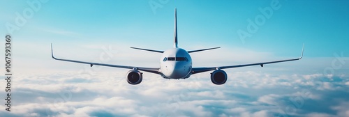 A commercial airplane soars high above clouds against a backdrop of a bright blue sky and open horizons. photo