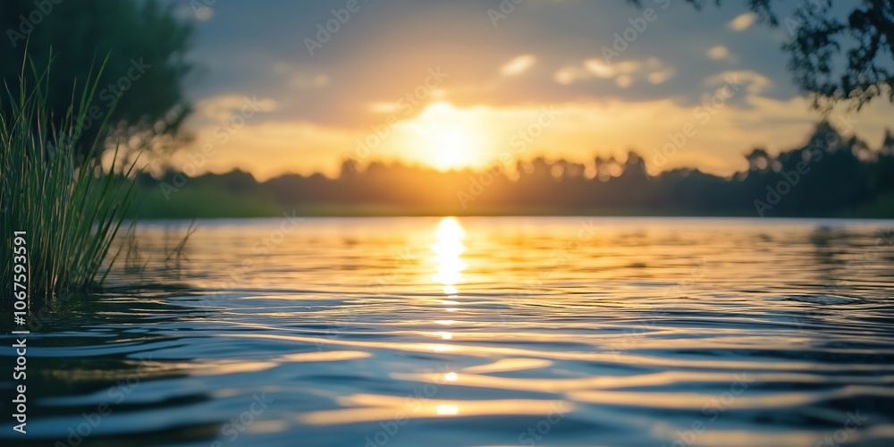 Obraz premium A tranquil lake scene with a golden sunset, calm waters reflecting the sky's hues for a peaceful ambiance.