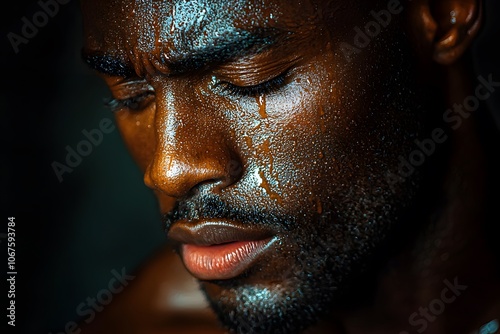 Intense close-up of a man's face with sweat droplets in low light