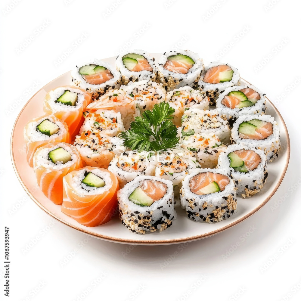 A plate of fresh sushi rolls with cucumber and salmon, isolated on a white background, emphasizing a colorful dish A plate of fresh sushi rolls with cucumber and salmon, isolated on a white background, emphasizing a colorful dish