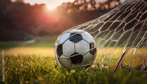 A soccer ball rests in the back of a net, with the sun setting in the background. Generative AI. photo