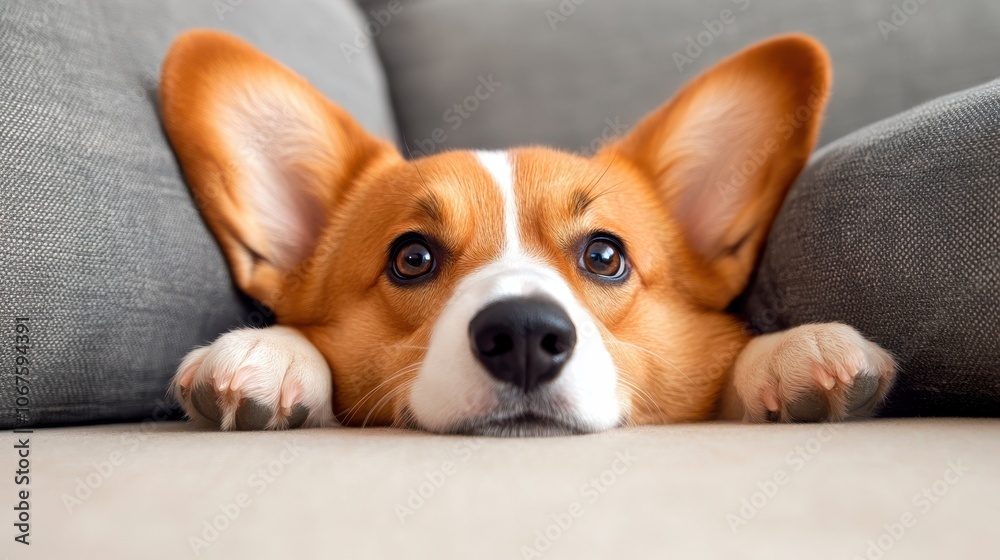 A cute corgi peeks out from cozy cushions with an adorable and curious expression, capturing a moment of tenderness and warmth in a home setting. A cute corgi peeks out from cozy cushions with an adorable and curious expression, capturing a moment of tenderness and warmth in a home setting.