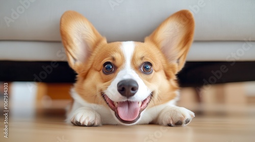 A joyful corgi with a wide smile is seen under a couch, playfully posing with its large ears prominently facing forward, creating an adorable and heartwarming scene.