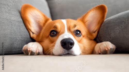 A cute corgi peeks out from cozy cushions with an adorable and curious expression, capturing a moment of tenderness and warmth in a home setting.