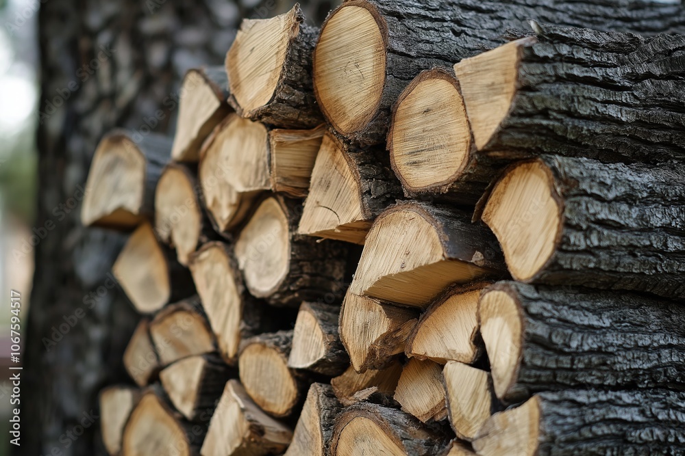 Fototapeta premium A pile of firewood logs showing their rough, textured cuts, representing warmth and rustic simplicity.
