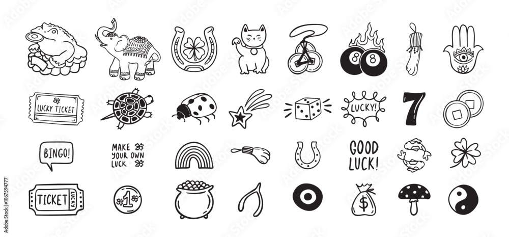 Good Luck doodle Symbols Set. Hand drawn lucky icons. Asian talismans and charms outline set. Good Luck doodle Symbols Set. Hand drawn lucky icons. Asian talismans and charms outline set.