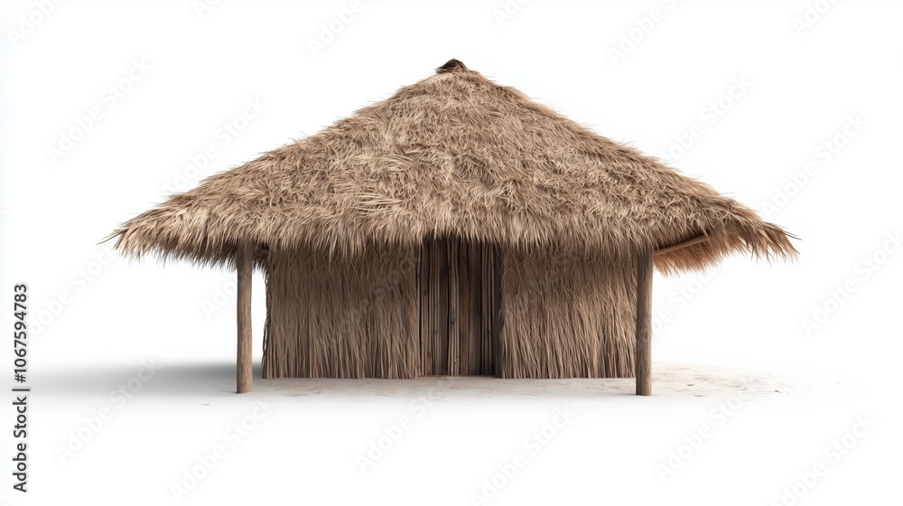 Rustic bamboo thatched hut front view on white background for cultural and architectural design Rustic bamboo thatched hut front view on white background for cultural and architectural design