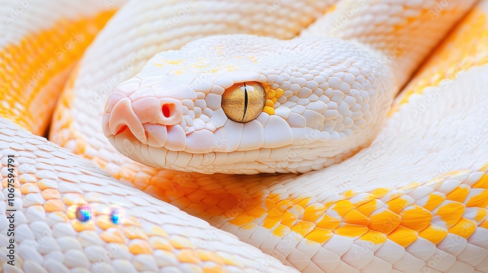 Fototapeta premium A close-up of a striking white snake with orange patterns, showcasing its unique scales and bright eyes, emphasizing its beauty and exotic nature.