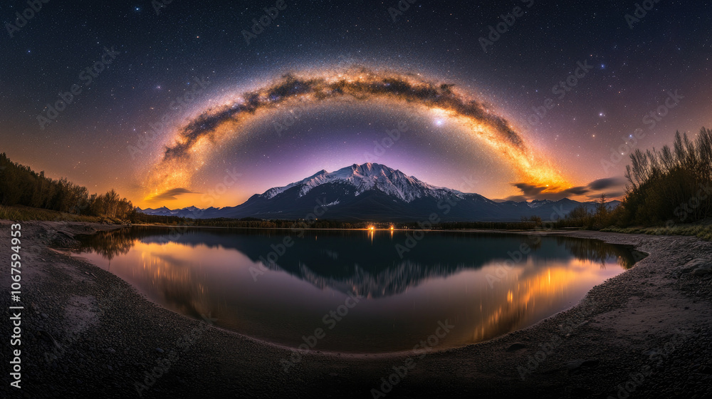Stunning mountain reflection under starry night sky with vibrant galaxy. Stunning mountain reflection under starry night sky with vibrant galaxy.