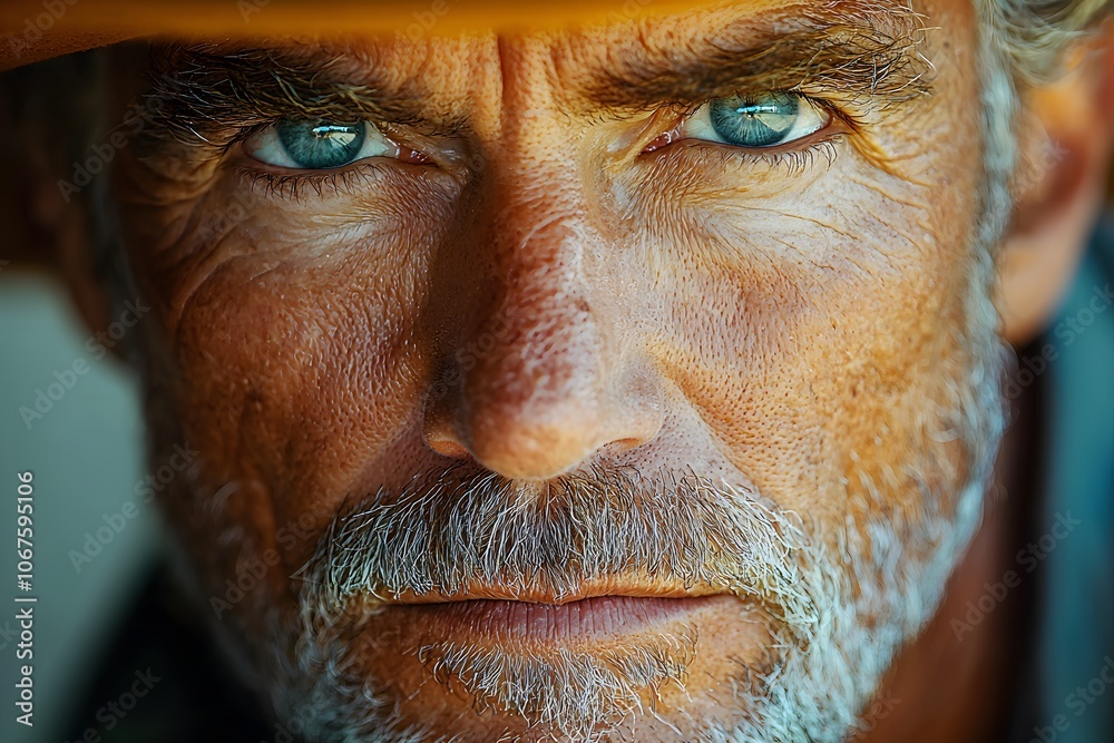 Intense close-up portrait of mature man with piercing blue eyes and weathered features Intense close-up portrait of mature man with piercing blue eyes and weathered features