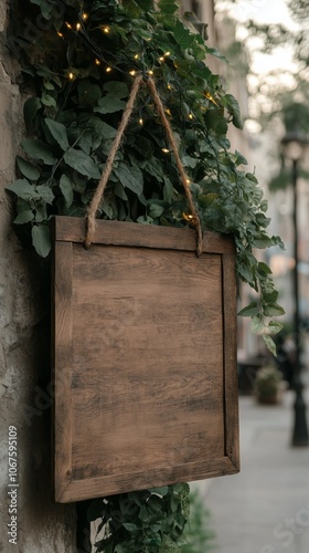 Rustic wooden signboard hanging on tree with greenery and lights in outdoor setting photo