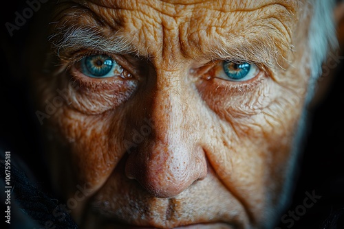 Intense gaze of elderly man with deep blue eyes and wrinkled skin