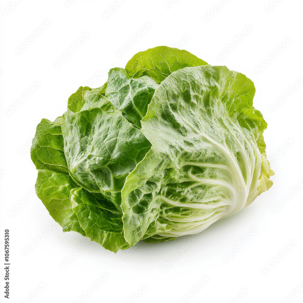 A single head of fresh romaine lettuce, isolated on a white background, emphasizing a leafy green A single head of fresh romaine lettuce, isolated on a white background, emphasizing a leafy green