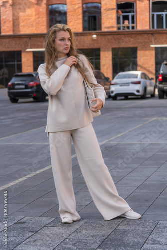 Full length side view portrait of beautiful serene long haired caucasian blond woman in white sweater and trousers standing on parking. Blurred loft brick office building in background. Fashion theme.