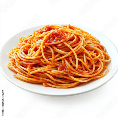 A plate of spaghetti with marinara sauce, isolated on a white background, highlighting a classic Italian dish photo