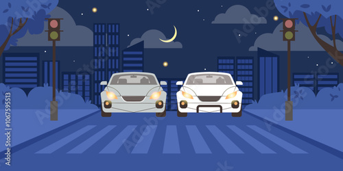Vector illustration of a pedestrian crossing with cars, traffic lights and an urban landscape