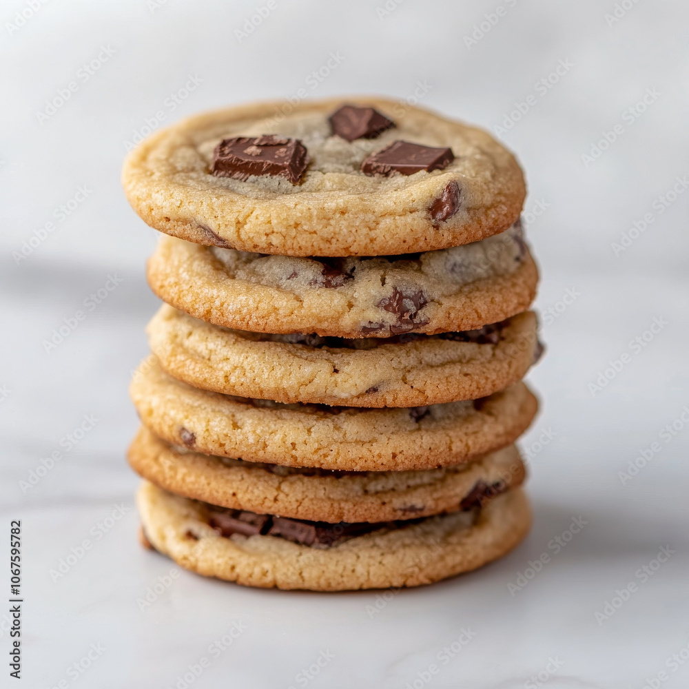 A stack of chocolate chip cookies with visible chocolate chunks, isolated on a white background, emphasizing a classic treat