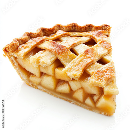 A slice of apple pie with visible filling, isolated on a white background, showcasing a classic dessert photo