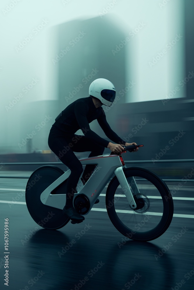 Obraz premium Electric Bike Rider in Foggy City: A lone cyclist rides a futuristic electric bike through a city shrouded in mist.