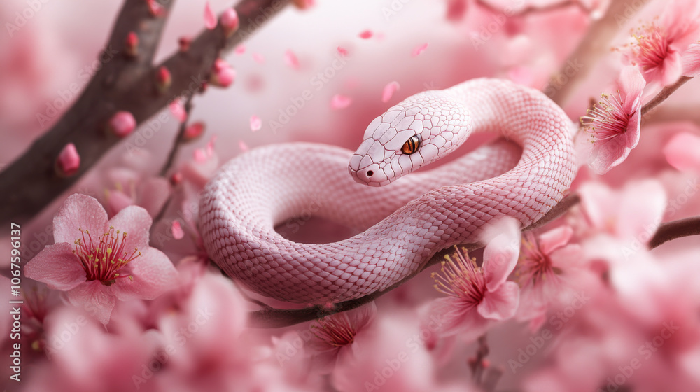 Fototapeta premium graceful snake coiled among blooming plum blossoms creates serene and enchanting scene. delicate pink flowers enhance beauty of snake, evoking sense of tranquility and harmony in nature