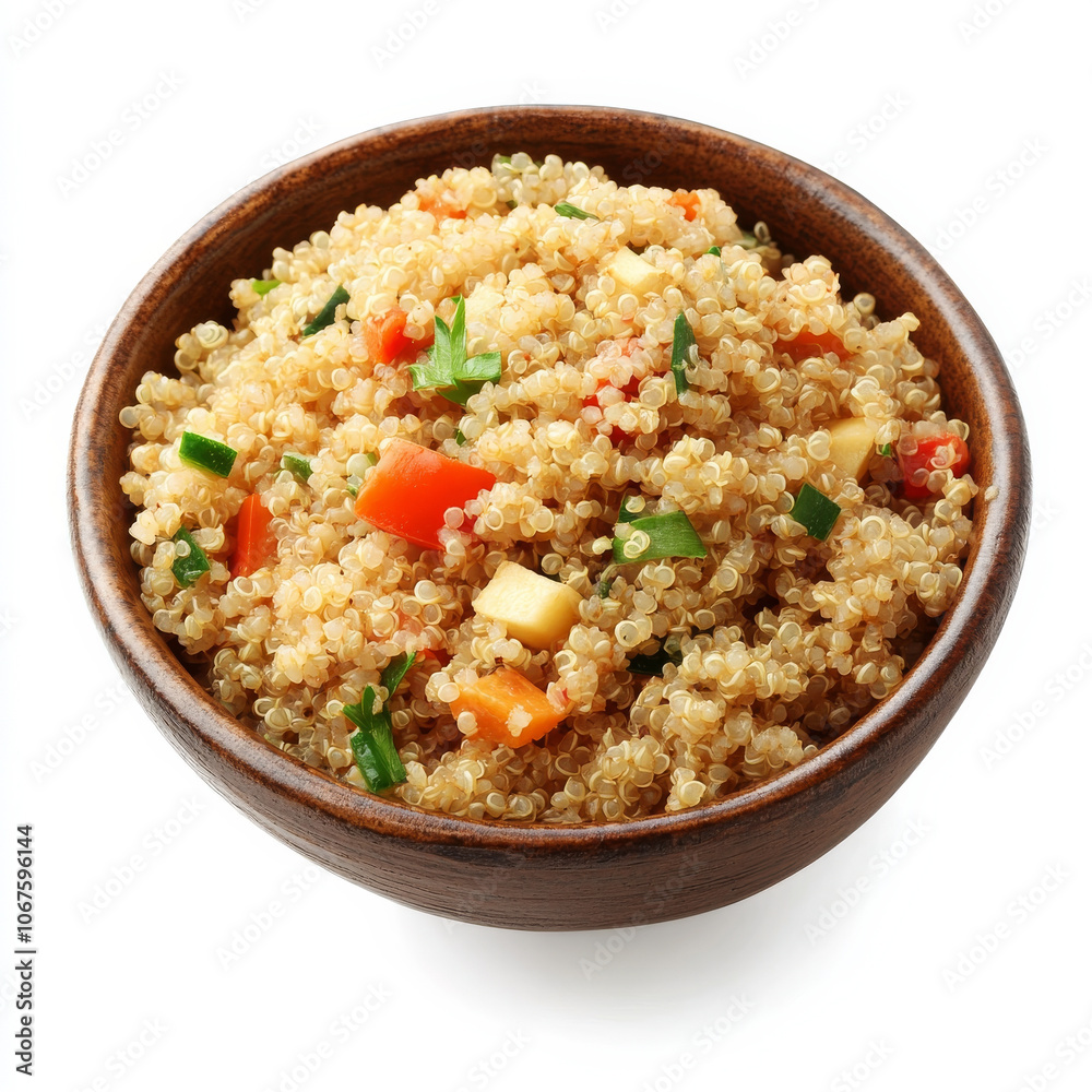 A bowl of cooked quinoa with fresh vegetables, isolated on a white background, emphasizing a high-protein grain option A bowl of cooked quinoa with fresh vegetables, isolated on a white background, emphasizing a high-protein grain option