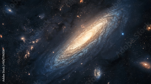 Spiral galaxy glowing brightly in the vast expanse of space. photo