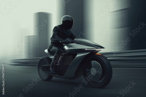 Urban Racer: Futuristic electric motorcycle speeding through city streets at night.  A sleek, dark machine embodies the spirit of speed and innovation. photo