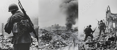 Obraz na płótnie A powerful depiction of World War II, highlighting the Blitz, D-Day, and the Holocaust's impact. w salonie