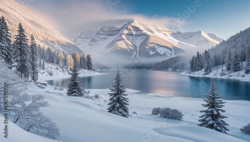 Winter Landscape with mountains and lake