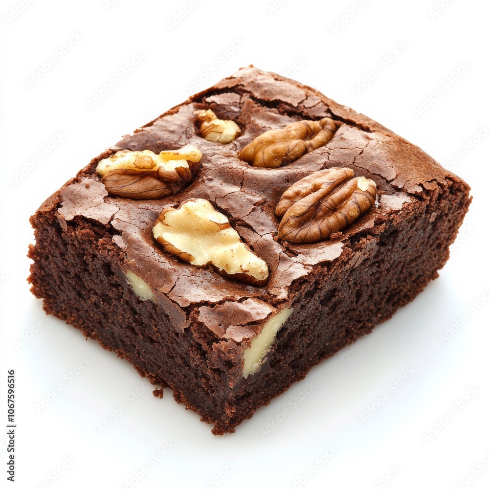 A slice of chocolate brownie with walnuts, isolated on a white background, emphasizing a chewy dessert A slice of chocolate brownie with walnuts, isolated on a white background, emphasizing a chewy dessert