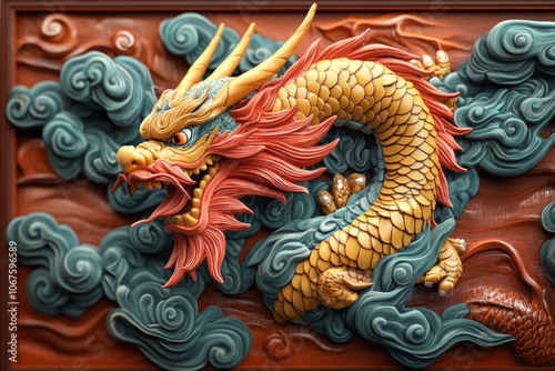 Wallpaper Mural vibrant dragon sculpture emerges from swirling clouds, showcasing intricate details and vivid colors. This artwork captures essence of traditional Chinese artistry and mythology Torontodigital.ca