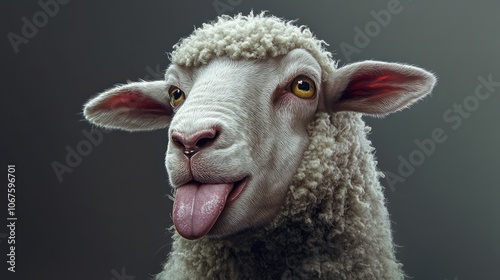 Funny sheep. Portrait of sheep showing tongue. photo