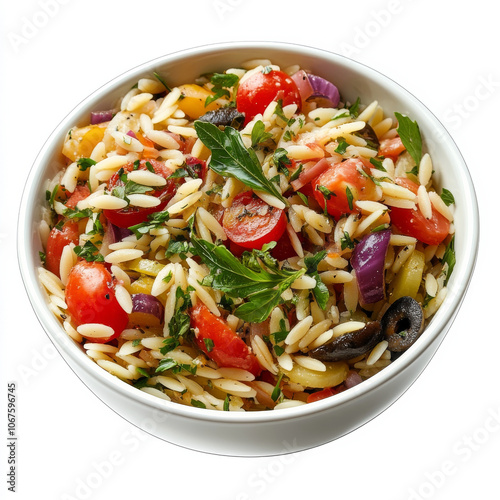 A bowl of orzo pasta with vegetables, isolated on a white background, showcasing a Mediterranean side