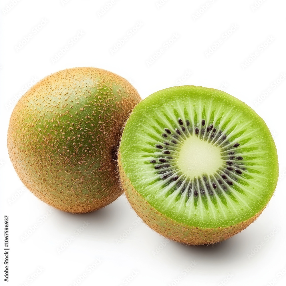 A single ripe kiwi sliced in half, isolated on a white background, highlighting a tropical fruit A single ripe kiwi sliced in half, isolated on a white background, highlighting a tropical fruit