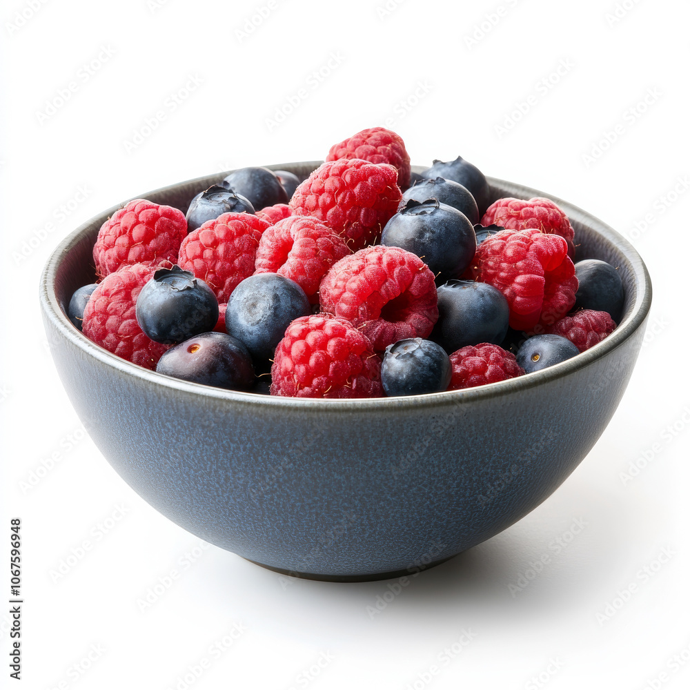 A bowl of fresh raspberries and blueberries, isolated on a white background, highlighting a colorful fruit mix A bowl of fresh raspberries and blueberries, isolated on a white background, highlighting a colorful fruit mix