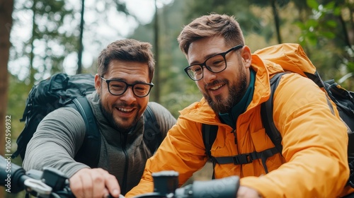 Two friends, both wearing glasses and equipped with backpacks, share a joyful biking moment while stopping to enjoy the lush greenery of a forest trail together.