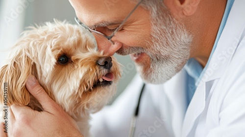 A touching image of a smiling veterinarian embracing a small fluffy dog, embodying trust and affection in a clinical setting, highlighting human-animal bonds. photo