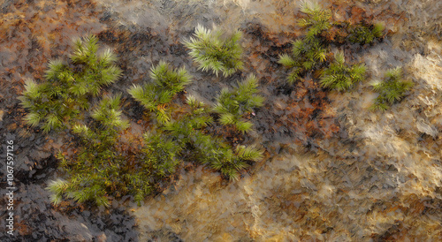 Uma foto macro detalhada de musgo em uma rocha, com cada pequena folhagem se destacando contra o fundo desfocado. A textura é vibrante e rica, capturando os verdes e marrons terrosos do musgo photo